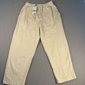 NWT ZARA Men's M White Knit Jogger Pants Drawstring Elastic Waist Pockets